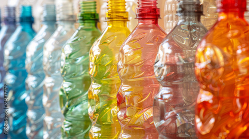 Plastic recycling. Empty colored plastic bottle for water or drinks, detail.