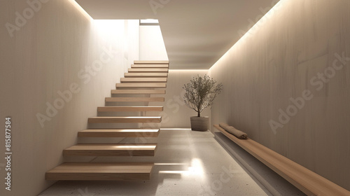 A minimalist interior with a straight  narrow wooden staircase  sharp angles  and a monochromatic color scheme  emphasizing simplicity and open space.