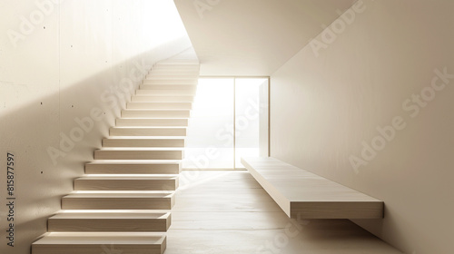 A minimalist interior with a straight, narrow wooden staircase, sharp angles, and a monochromatic color scheme, emphasizing simplicity and open space.