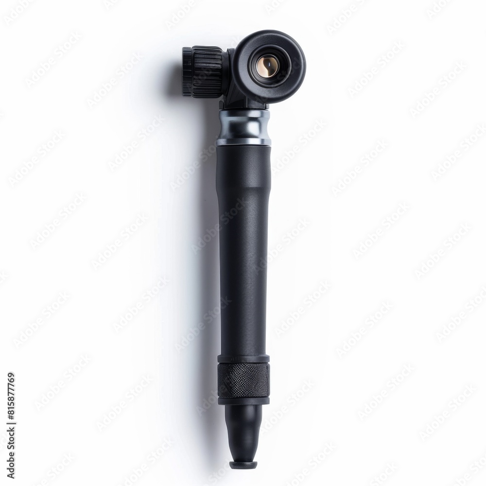Overhead photo of realistic black otoscope, side view on white background Overhead photo of realistic black otoscope, side view on white background