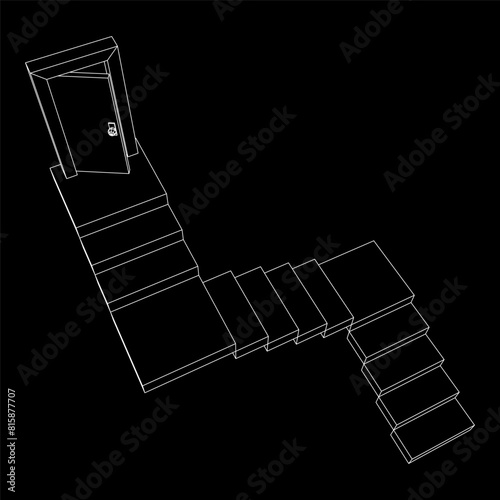 Stairway path to open door. Steps leading into the future concept. Wireframe low poly mesh vector illustration