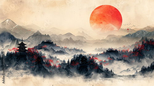 Sunrise Over Misty Zen Landscape with Pagoda