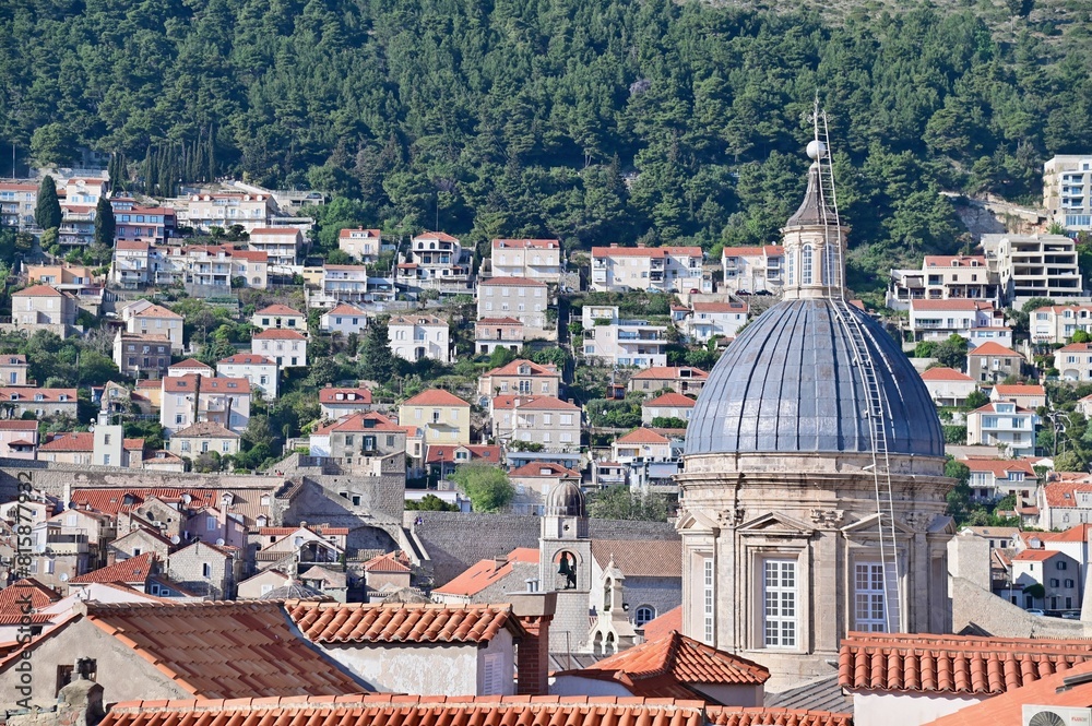 Dome of Dubrovnik Cathedral and Orange Roofs of Buildings in Dubrovnik Old Town on the Adriatic Sea Coast
