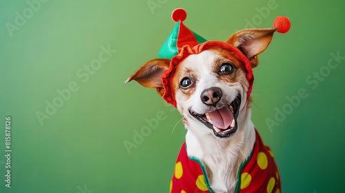 A dog wearing a red and green hat and a red and white polka dot vest is smiling © M9 Design