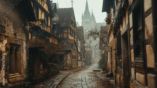 A narrow street with a few buildings and a large cathedral in the background photo