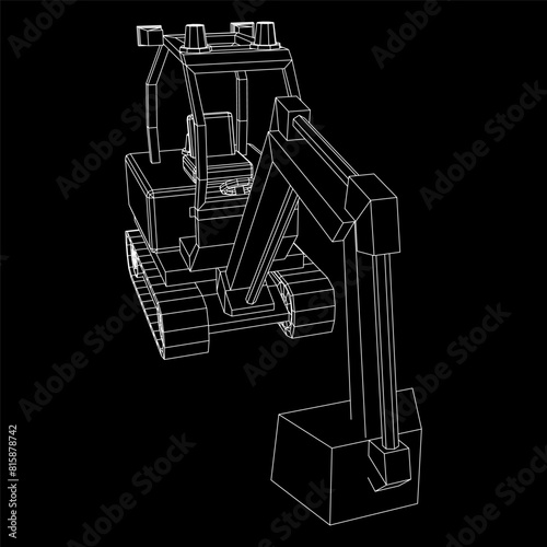 Heavy equipment excavator machine manufacturing power equipment for open pit mining. Wireframe low poly mesh vector illustration