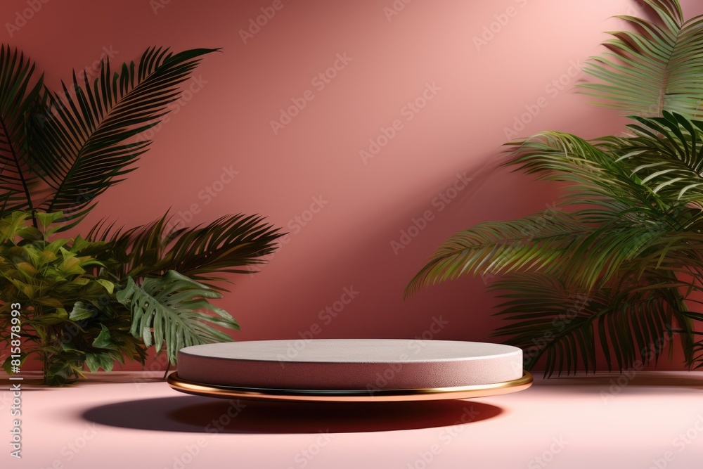 Product display podium with pink floral background. Product display podium with pink floral background.