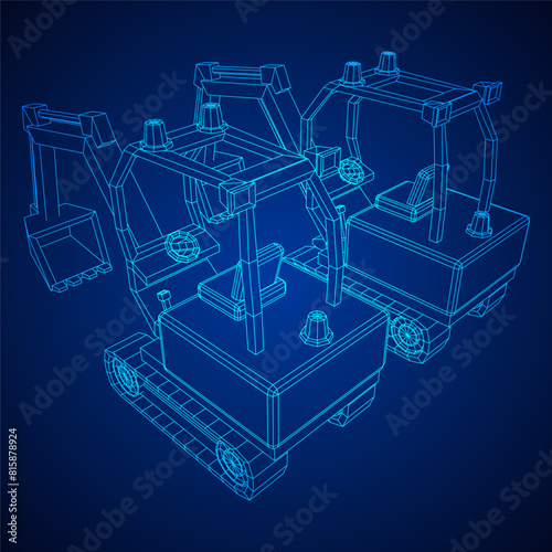 Heavy equipment excavator machine manufacturing power equipment for open pit mining. Wireframe low poly mesh vector illustration