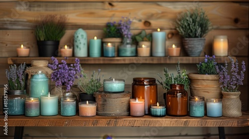 assorted soy candles with various scents displayed on a shelf  creating a warm and inviting home ambiance