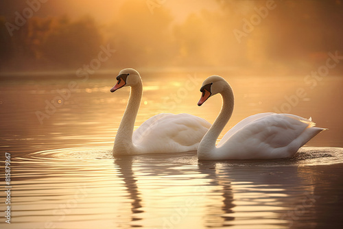 Two elegant white swans gracefully swim in a lake as the sun sets in the background. Generative AI