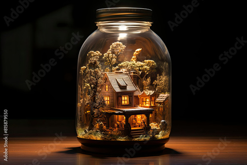 A small house model is contained within a clear glass jar, creating a unique display of creative craftsmanship. Generative AI