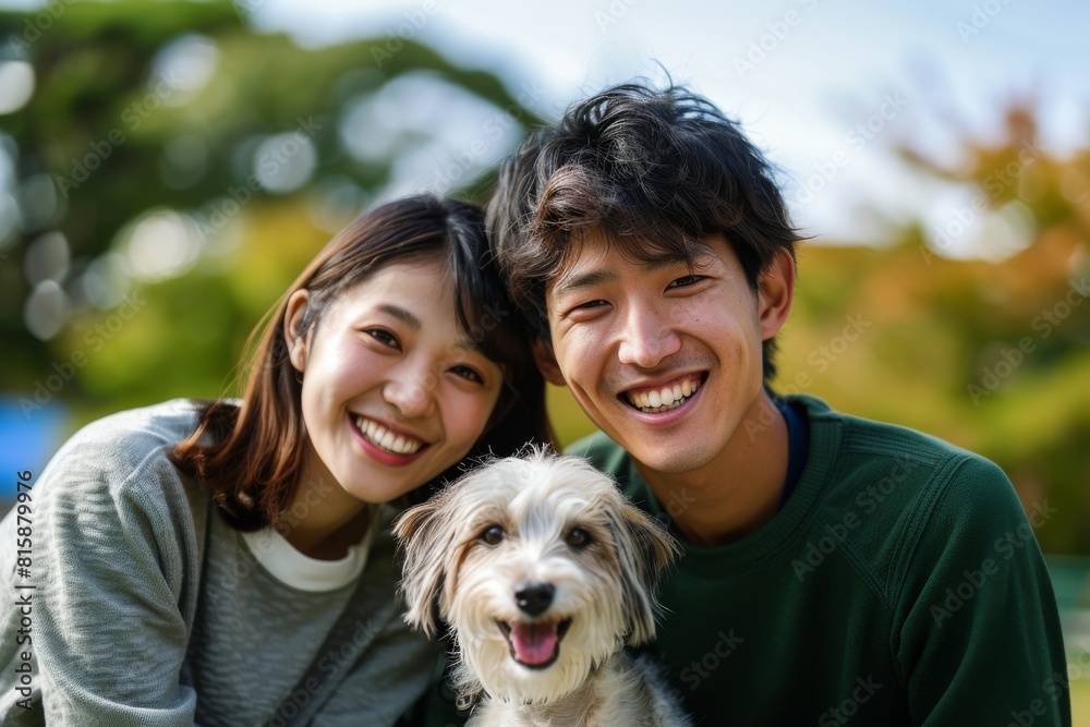 犬と一緒の笑顔の日本人カップル(愛犬・ペット・家族) 犬と一緒の笑顔の日本人カップル(愛犬・ペット・家族)