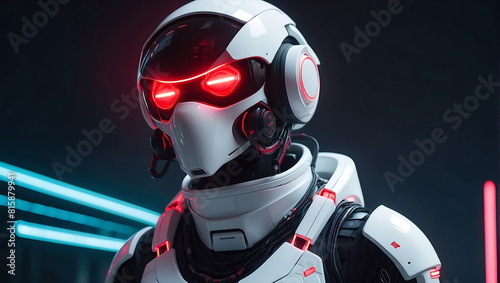 A futuristic humanoid robot dressed in sleek white armor with glowing red accents stands in a dimly lit hallway. Its helmet features illuminated red lines resembling eyes, and the background displays 