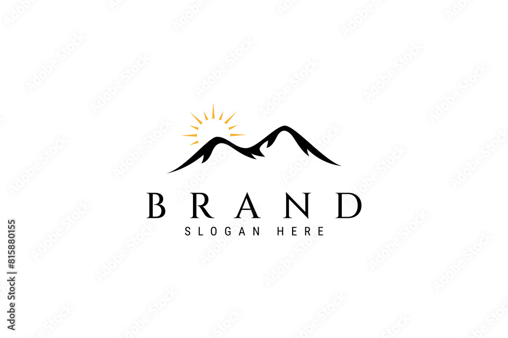 mountain logo with sun in flat template vector design