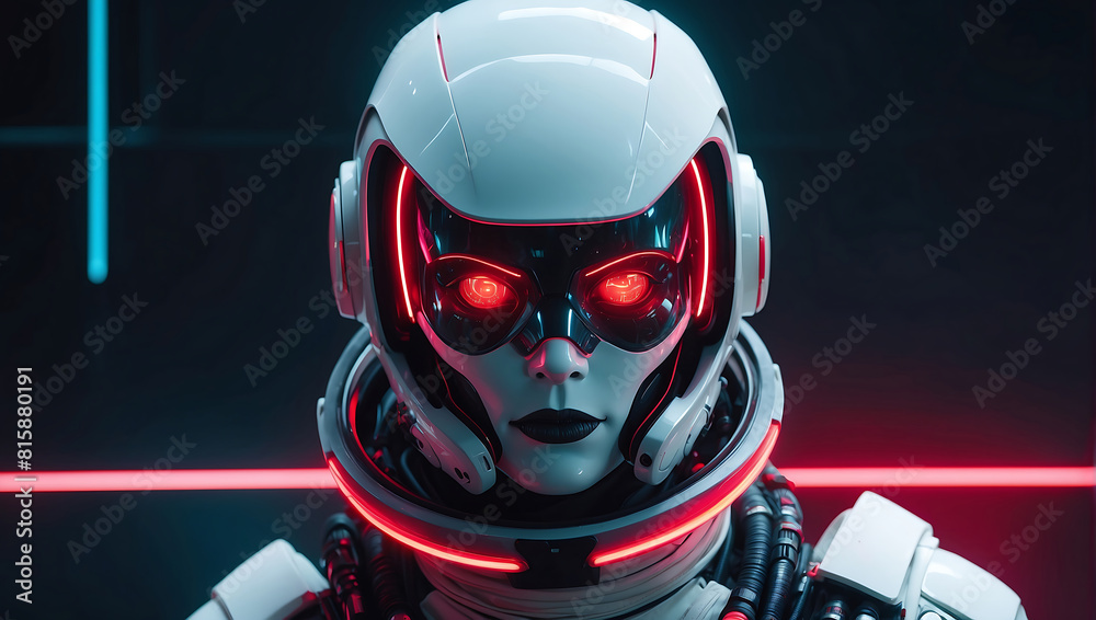 A futuristic humanoid robot dressed in sleek white armor with glowing red accents stands in a dimly lit hallway. Its helmet features illuminated red lines resembling eyes, and the background displays A futuristic humanoid robot dressed in sleek white armor with glowing red accents stands in a dimly lit hallway. Its helmet features illuminated red lines resembling eyes, and the background displays