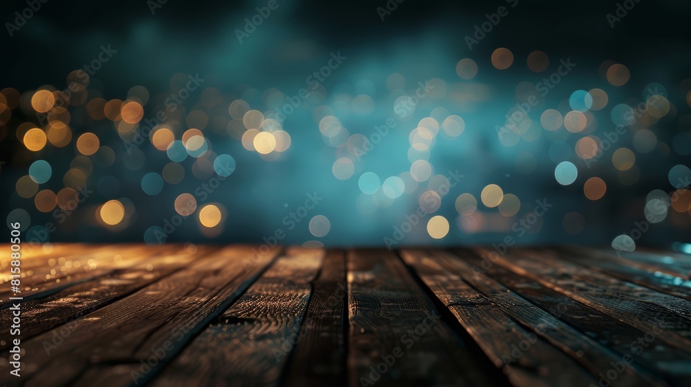 Illustrate an empty wooden surface with soft bokeh lights floating in the night background, close-up, surreal, Blend mode, including copy space for creative use