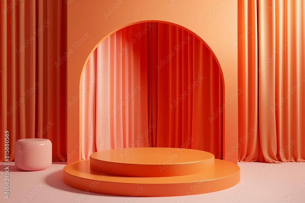 Playful orange pastel backdrop with an elegant podium, creating a fun and inviting space for innovative products Playful orange pastel backdrop with an elegant podium, creating a fun and inviting space for innovative products