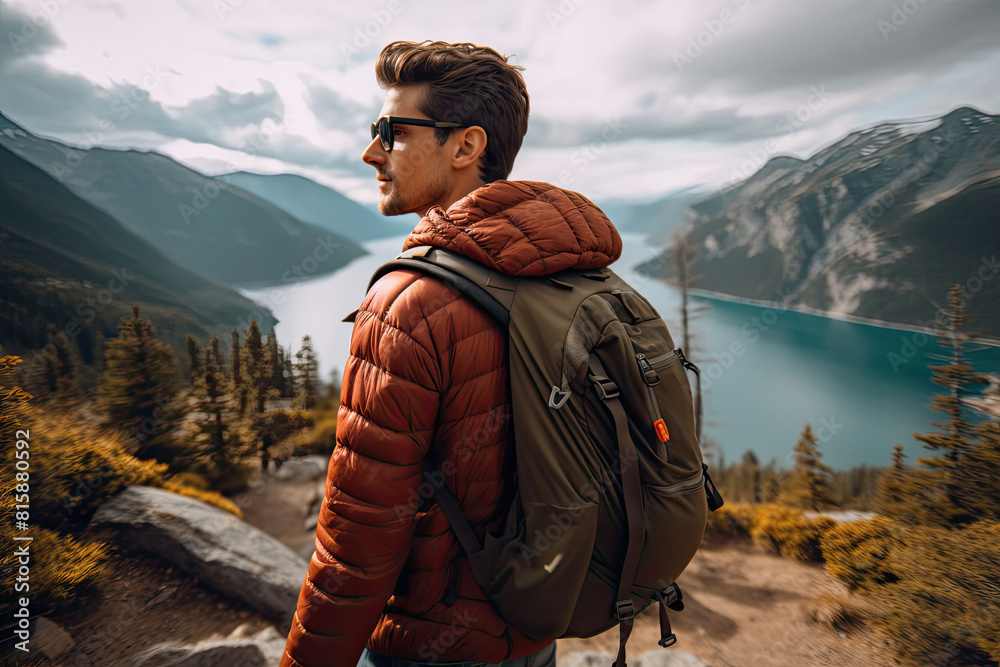 Naklejka premium A man standing with a backpack, gazing out at a lake surrounded by trees and mountains. Generative AI