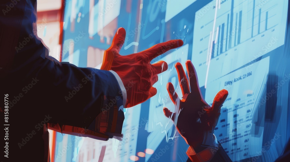 Illustrate a business analyst discussing a data chart, close-up, selective focus on their gesturing hands, realistic, Blend mode, set against a backdrop of a busy office environment Illustrate a business analyst discussing a data chart, close-up, selective focus on their gesturing hands, realistic, Blend mode, set against a backdrop of a busy office environment