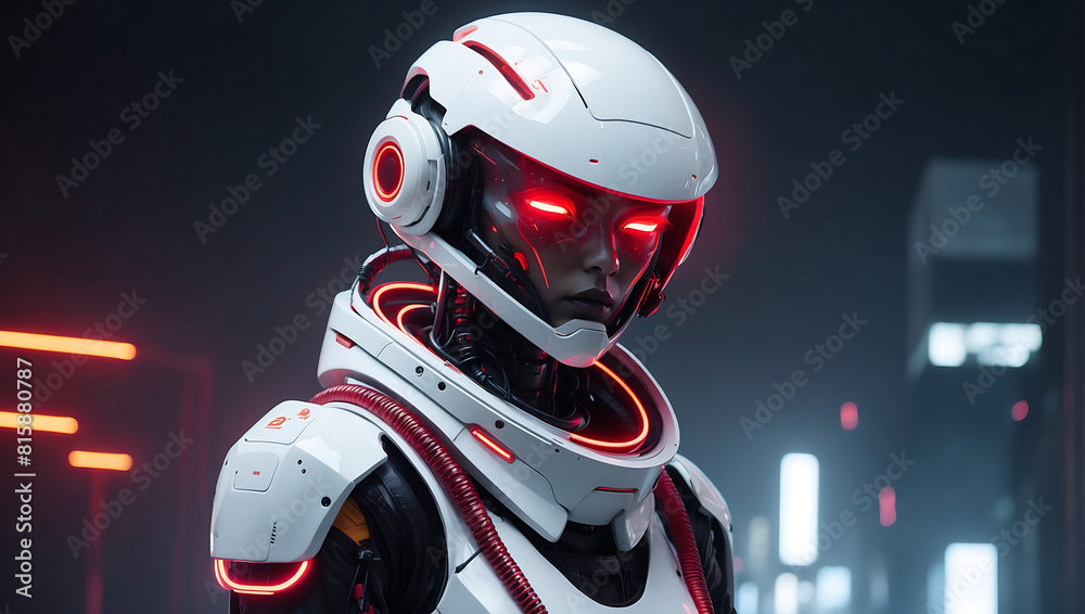 A futuristic humanoid robot dressed in sleek white armor with glowing red accents stands in a dimly lit hallway. Its helmet features illuminated red lines resembling eyes, and the background displays A futuristic humanoid robot dressed in sleek white armor with glowing red accents stands in a dimly lit hallway. Its helmet features illuminated red lines resembling eyes, and the background displays