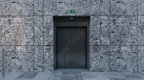 an elevator door crafted from grey granite, accented with black glass, set amidst rough stone-finished walls and floor, enveloped in darkness both inside and out.