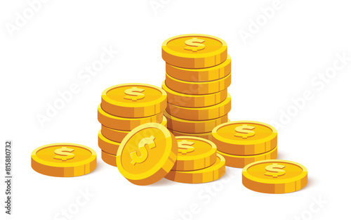 Heap of gold coins with us dollar currency sign vector illustration isolated on white background. Money coin stack pile. Business and finance concept design element.