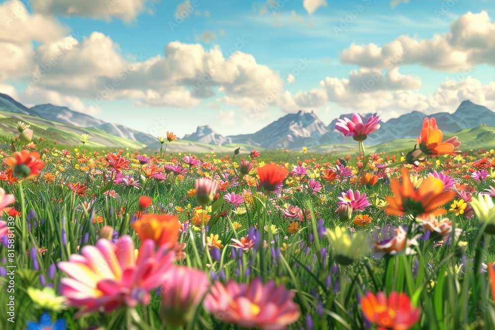 3D cartoon colorful flower field landscape background,