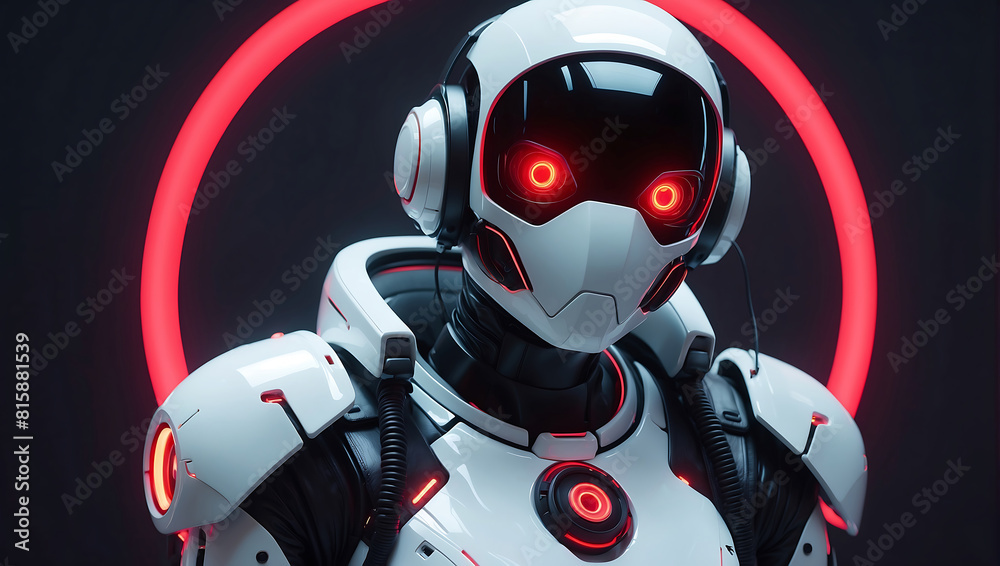 A futuristic humanoid robot dressed in sleek white armor with glowing red accents stands in a dimly lit hallway. Its helmet features illuminated red lines resembling eyes, and the background displays A futuristic humanoid robot dressed in sleek white armor with glowing red accents stands in a dimly lit hallway. Its helmet features illuminated red lines resembling eyes, and the background displays
