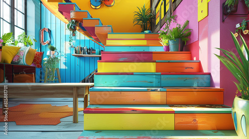 A vibrant home with a colorful wooden staircase, each step painted a different bright color, adding a playful and creative twist to the interior design.