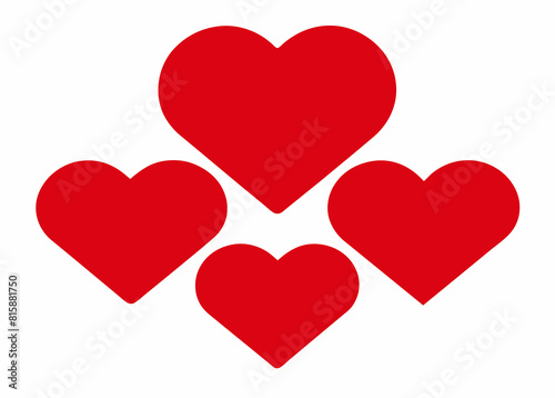 Simplistic illustration featuring three vibrant red hearts in varying sizes, symmetrically arranged against a clean white backdrop, symbolizing love, affection, and valentine's day sentiments