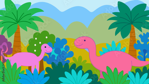 Vibrant illustration of cheerful cartoon dinosaurs enjoying a lush jurassic environment  with rolling hills and tropical palm trees under a bright  inviting sky