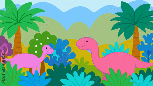 Vibrant illustration of cheerful cartoon dinosaurs enjoying a lush jurassic environment, with rolling hills and tropical palm trees under a bright, inviting sky