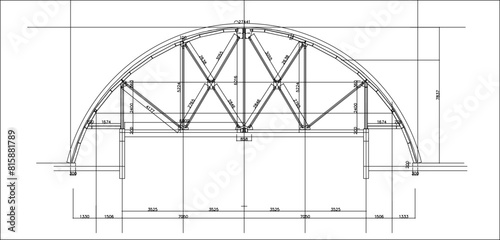 Vector illustration sketch of technical drawing for the construction of a semi-circular dome with a steel frame