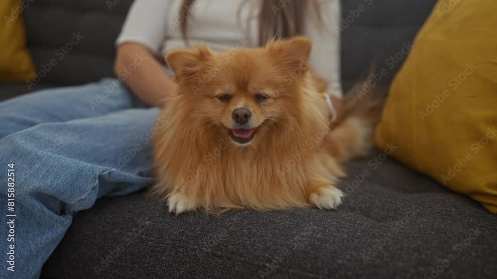 A young woman relaxes at home with her fluffy pomeranian dog on a comfortable sofa in a cozy living room. A young woman relaxes at home with her fluffy pomeranian dog on a comfortable sofa in a cozy living room.