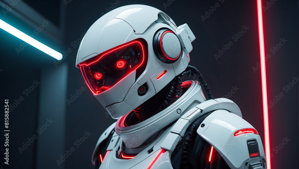 A futuristic humanoid robot dressed in sleek white armor with glowing red accents stands in a dimly lit hallway. Its helmet features illuminated red lines resembling eyes, and the background displays A futuristic humanoid robot dressed in sleek white armor with glowing red accents stands in a dimly lit hallway. Its helmet features illuminated red lines resembling eyes, and the background displays