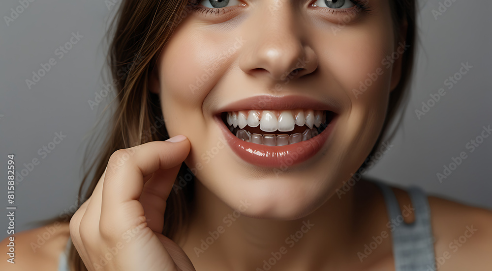 Close up of a young woman holding invisible transparent teeth aligners in hand, braces smile isolated on plain background with copy space Close up of a young woman holding invisible transparent teeth aligners in hand, braces smile isolated on plain background with copy space