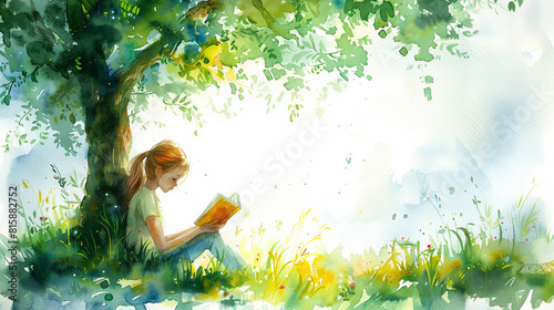 Cheerful teen girl reading a book under a tree, schoolyard in spring, style idyllic, lush greens, watercolor © Oranuch