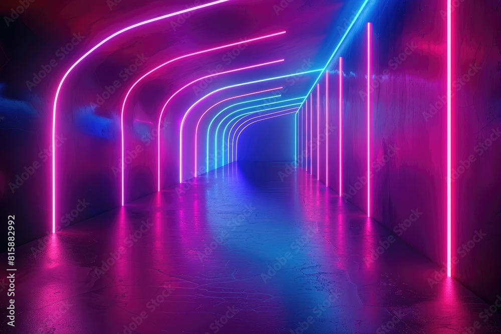 3d render, abstract background with neon glowing lines in blue and purple colors on black backdrop. Futuristic wallpaper for design mockup of product presentation. Minimalistic room interior.