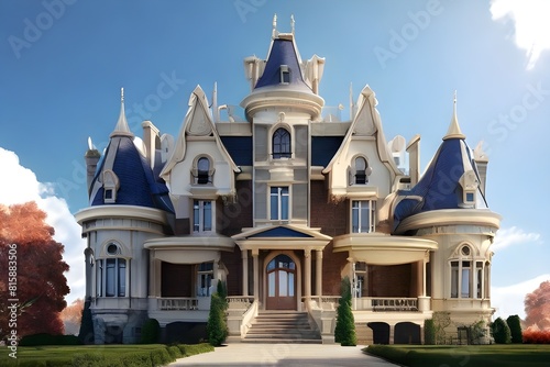 A stately mansion crowned with ornate turrets and spires, commanding attention against the skylin photo