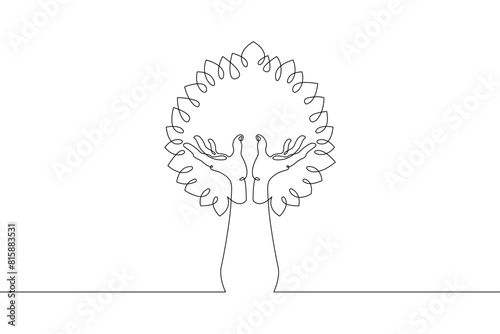 One continuous line.Ecology symbol. Silhouette of a tree. Crown of a tree, arms trunk. Human hands are like a tree.One continuous drawing line logo isolated minimal illustration.