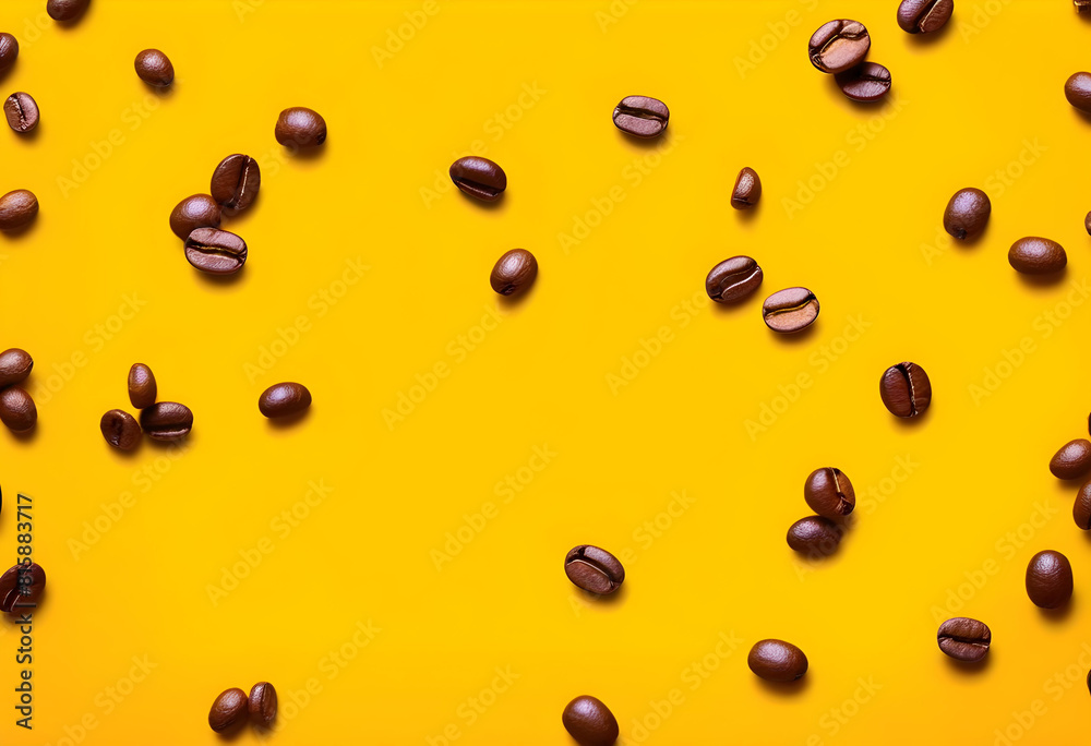 A close-up of golden coffee beans falling on a golden background