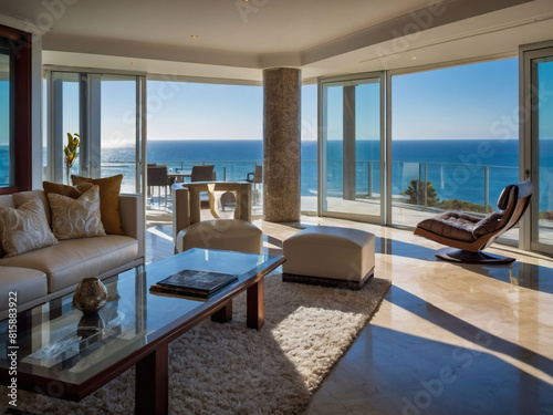 Oceanfront Opulence  Sophisticated Living Room with Panoramic Sea Outlook