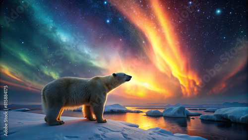 A captivating scene capturing the essence of the Arctic  with a polar bear silhouetted against a sky ablaze with stars