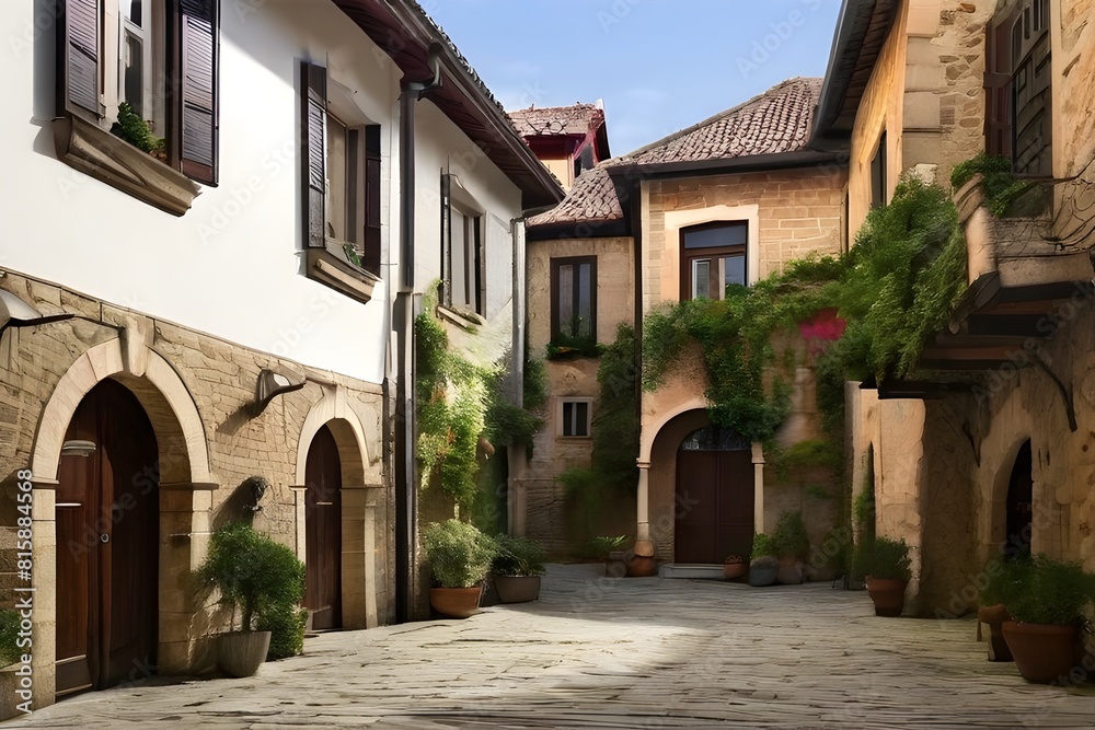 A cobblestone courtyard overlooked by the tiled roofs of centuries-old townhouses, steeped in history