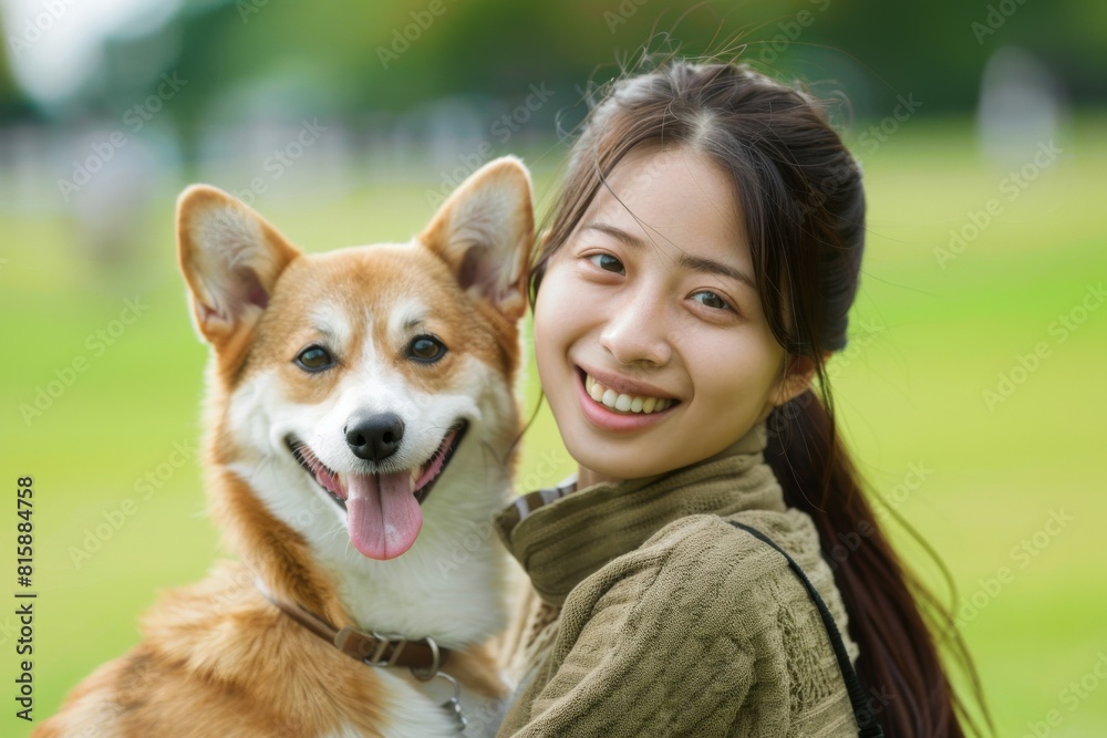 犬と一緒の笑顔の日本人女性(愛犬・ペット・家族・散歩・飼い主) 犬と一緒の笑顔の日本人女性(愛犬・ペット・家族・散歩・飼い主)