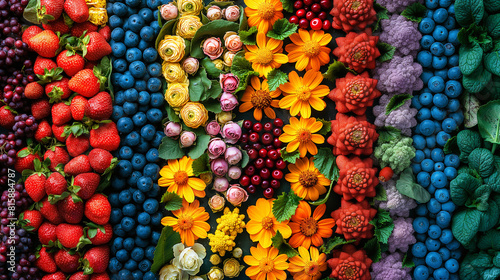 The flat top view of the spread of colorful fruits, flowers and herbs