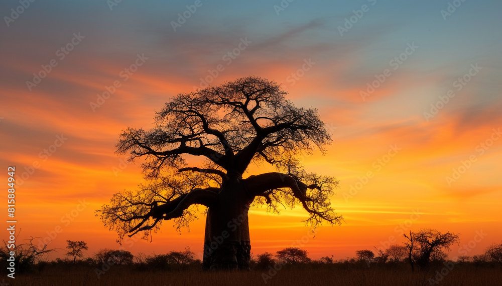 A high-resolution photograph the striking silhouette of a baobab tree at sunset, its unique shape standing out against the warm hues of the sky