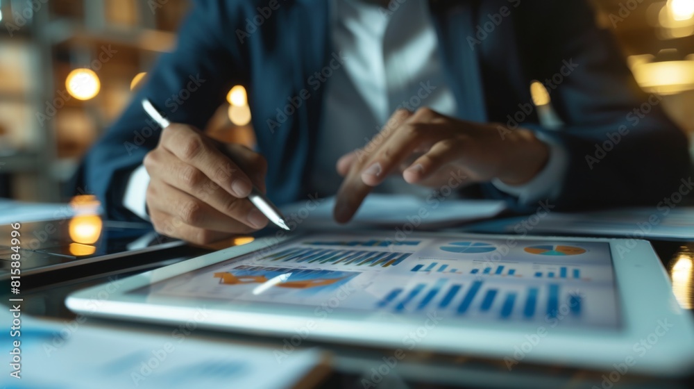 A businessman analyzing financial charts on a digital tablet, making strategic decisions based on market trends.