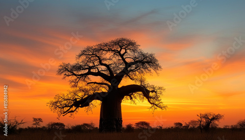A high-resolution photograph the striking silhouette of a baobab tree at sunset  its unique shape standing out against the warm hues of the sky