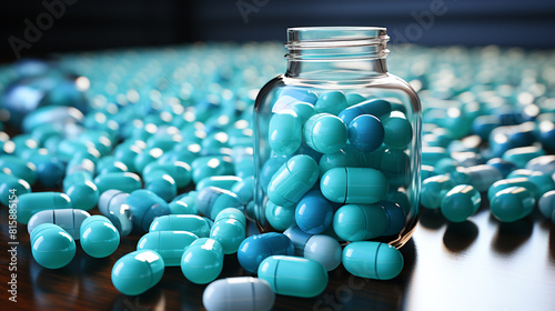 Jar Filled With Blue Pills on Table